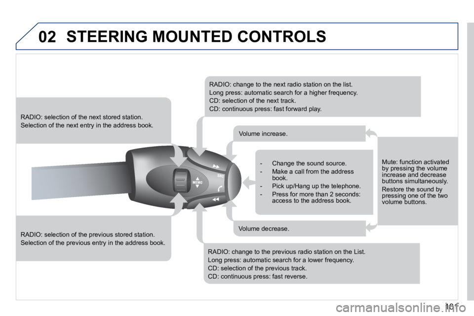 PEUGEOT 407 C 2010  Owners Manual 02
181
 STEERING MOUNTED CONTROLS 
� � �R�A�D�I�O�:� �s�e�l�e�c�t�i�o�n� �o�f� �t�h�e� �p�r�e�v�i�o�u�s� �s�t�o�r�e�d� �s�t�a�t�i�o�n�.� 
� �S�e�l�e�c�t�i�o�n� �o�f� �t�h�e� �p�r�e�v�i�o�u�s� �e�n�t�r