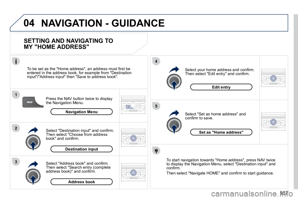 PEUGEOT 407 C 2010  Owners Manual 04
1
2
3
5
4
187
 NAVIGATION - GUIDANCE 
  SETTING AND NAVIGATING TO  
MY "HOME ADDRESS" 
� � �P�r�e�s�s� �t�h�e� �N�A�V� �b�u�t�t�o�n� �t�w�i�c�e� �t�o� �d�i�s�p�l�a�y� �t�h�e� �N�a�v�i�g�a�t�i�o�n� 