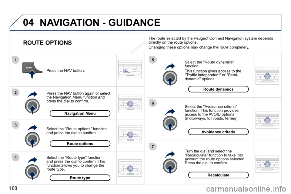 PEUGEOT 407 C 2010  Owners Manual 04
4
3
2
1
7
6
5
188
 NAVIGATION - GUIDANCE 
  ROUTE OPTIONS 
� � �S�e�l�e�c�t� �t�h�e� �"�R�o�u�t�e� �d�y�n�a�m�i�c�s�"� function. 
� �T�h�i�s� �f�u�n�c�t�i�o�n� �g�i�v�e�s� �a�c�c�e�s�s� �t�