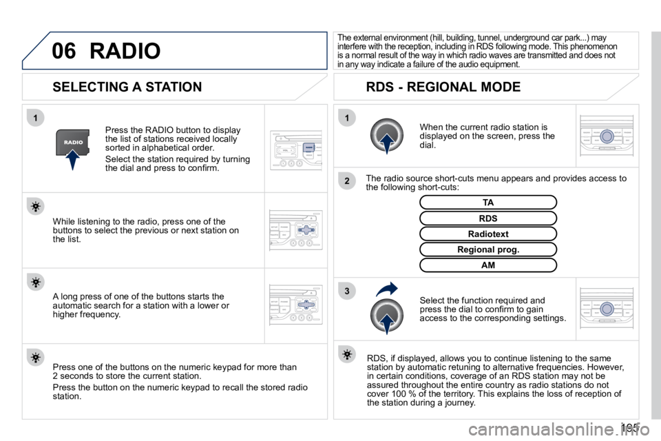 PEUGEOT 407 C 2010  Owners Manual 06
3
2
1
1
195
       SELECTING A STATION 
� � �W�h�e�n� �t�h�e� �c�u�r�r�e�n�t� �r�a�d�i�o� �s�t�a�t�i�o�n� �i�s� �d�i�s�p�l�a�y�e�d� �o�n� �t�h�e� �s�c�r�e�e�n�,� �p�r�e�s�s� �t�h�e� �d�i�a�l�.� � 
