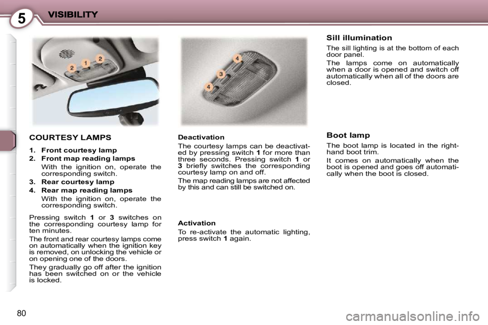 PEUGEOT 407 C 2010  Owners Manual 5
80
 COURTESY LAMPS 
   
1.     Front courtesy lamp   
  
2.     Front map reading lamps    
�  �W�i�t�h�  �t�h�e�  �i�g�n�i�t�i�o�n�  �o�n�,�  �o�p�e�r�a�t�e�  �t�h�e�  �c�o�r�r�e�s�p�o�n�d�i�n�g� �
