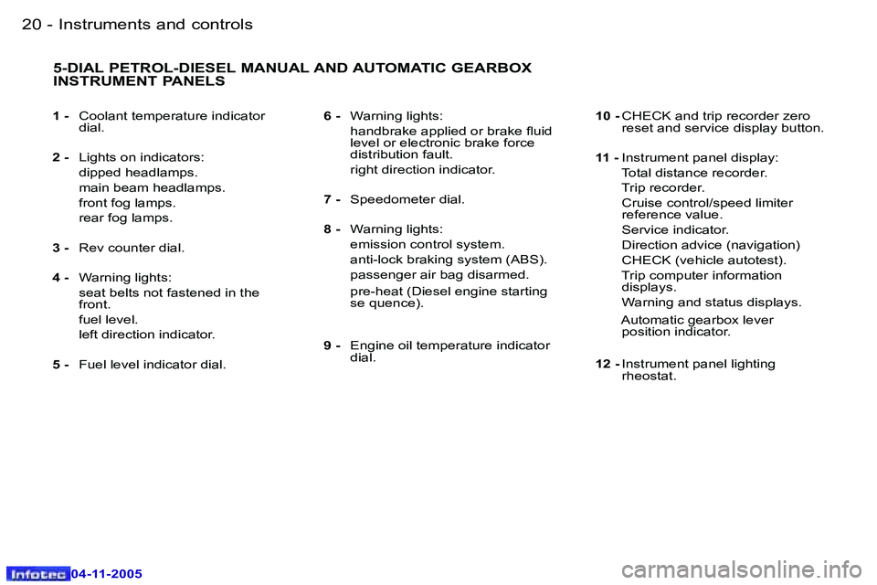 PEUGEOT 407 C 2005  Owners Manual �I�n�s�t�r�u�m�e�n�t�s� �a�n�d� �c�o�n�t�r�o�l�s�2�0 �-
�0�4�-�1�1�-�2�0�0�5
�2�1�I�n�s�t�r�u�m�e�n�t�s� �a�n�d� �c�o�n�t�r�o�l�s�-
�0�4�-�1�1�-�2�0�0�5
�1� �-� �C�o�o�l�a�n�t� �t�e�m�p�e�r�a�t�u�r�e�