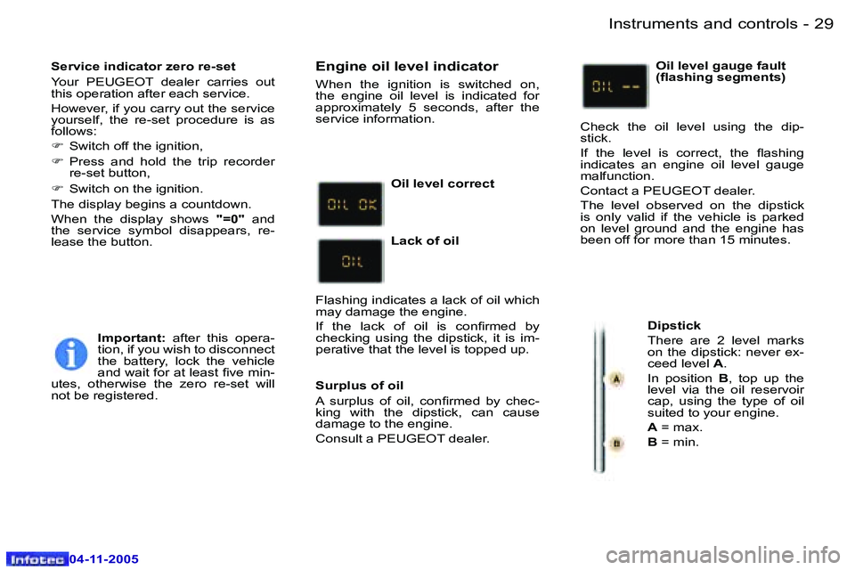 PEUGEOT 407 C 2005  Owners Manual �I�n�s�t�r�u�m�e�n�t�s� �a�n�d� �c�o�n�t�r�o�l�s�2�8 �-
�0�4�-�1�1�-�2�0�0�5
�2�9�I�n�s�t�r�u�m�e�n�t�s� �a�n�d� �c�o�n�t�r�o�l�s�-
�0�4�-�1�1�-�2�0�0�5
�S�e�r�v�i�c�e� �i�n�d�i�c�a�t�o�r� �z�e�r�o� �
