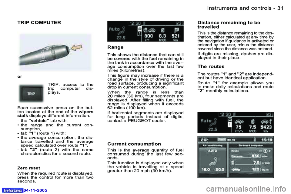PEUGEOT 407 C 2005  Owners Manual �I�n�s�t�r�u�m�e�n�t�s� �a�n�d� �c�o�n�t�r�o�l�s�3�0 �-
�0�4�-�1�1�-�2�0�0�5
�3�1�I�n�s�t�r�u�m�e�n�t�s� �a�n�d� �c�o�n�t�r�o�l�s�-
�0�4�-�1�1�-�2�0�0�5
�T�R�I�P� �C�O�M�P�U�T�E�R
�o�r�T�R�I�P�:�  �a�