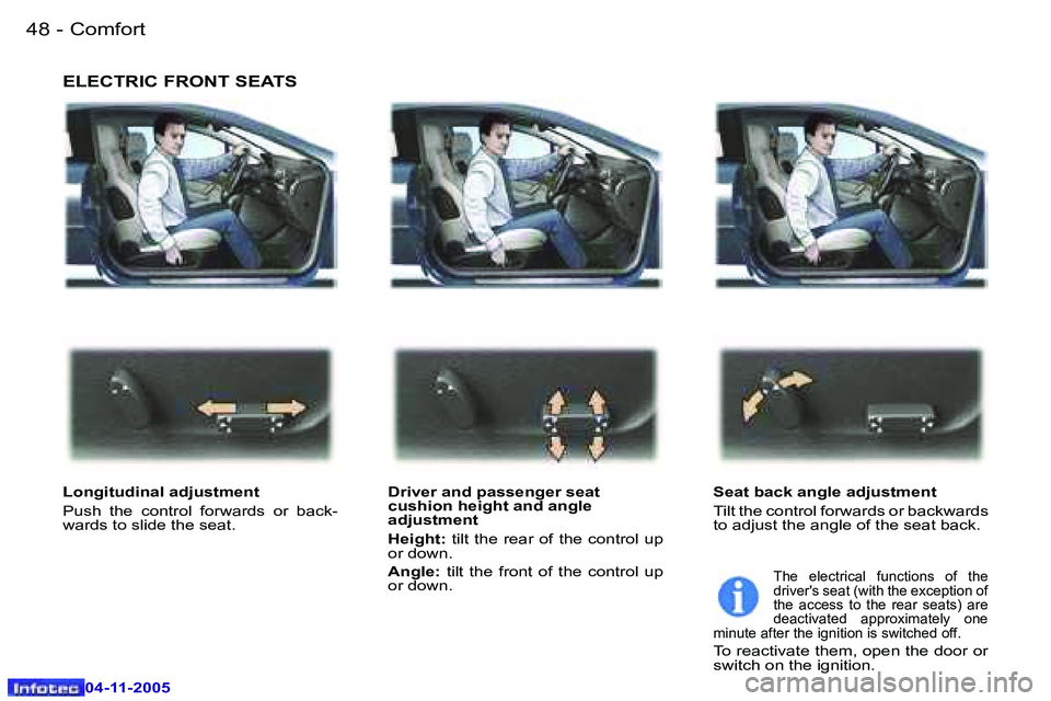 PEUGEOT 407 C 2005  Owners Manual �C�o�m�f�o�r�t�4�8 �-
�0�4�-�1�1�-�2�0�0�5
�4�9�C�o�m�f�o�r�t�-
�0�4�-�1�1�-�2�0�0�5
�E�L�E�C�T�R�I�C� �F�R�O�N�T� �S�E�A�T�S
�L�o�n�g�i�t�u�d�i�n�a�l� �a�d�j�u�s�t�m�e�n�t�  
�P�u�s�h�  �t�h�e�  �c�o