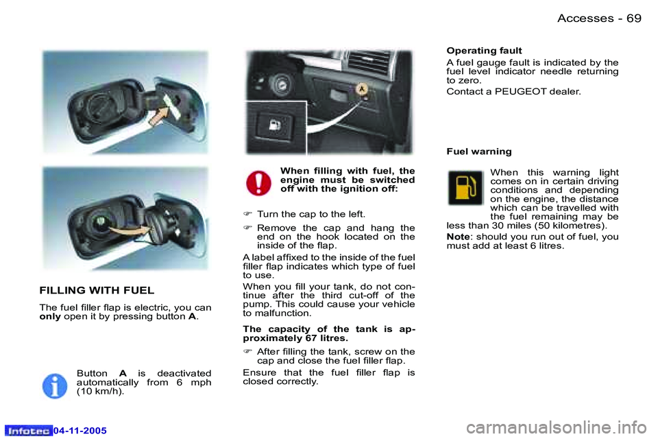PEUGEOT 407 C 2005  Owners Manual �A�c�c�e�s�s�e�s�6�8 �-
�0�4�-�1�1�-�2�0�0�5
�6�9�A�c�c�e�s�s�e�s�-
�0�4�-�1�1�-�2�0�0�5
�F�I�L�L�I�N�G� �W�I�T�H� �F�U�E�L
�T�h�e� �f�u�e�l� �i�l�l�e�r� �l�a�p� �i�s� �e�l�e�c�t�r�i�c�,� �y�o�u� �c�a
