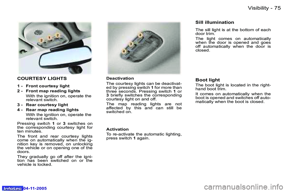 PEUGEOT 407 C 2005  Owners Manual �V�i�s�i�b�i�l�i�t�y�7�4 �-
�0�4�-�1�1�-�2�0�0�5
�7�5�V�i�s�i�b�i�l�i�t�y�-
�0�4�-�1�1�-�2�0�0�5
�C�O�U�R�T�E�S�Y� �L�I�G�H�T�S
�1� �-�  �F�r�o�n�t� �c�o�u�r�t�e�s�y� �l�i�g�h�t 
�2� �-�  �F�r�o�n�t� 