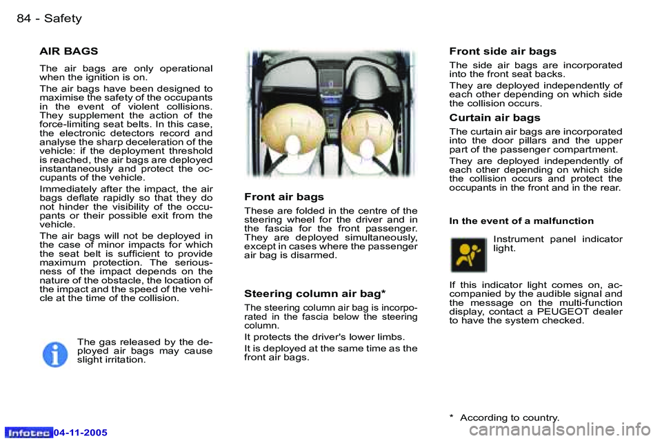PEUGEOT 407 C 2005  Owners Manual �S�a�f�e�t�y�8�4 �-
�0�4�-�1�1�-�2�0�0�5
�8�5�S�a�f�e�t�y�-
�0�4�-�1�1�-�2�0�0�5
�A�I�R� �B�A�G�S
�T�h�e�  �a�i�r�  �b�a�g�s�  �a�r�e�  �o�n�l�y�  �o�p�e�r�a�t�i�o�n�a�l�  
�w�h�e�n� �t�h�e� �i�g�n�i�