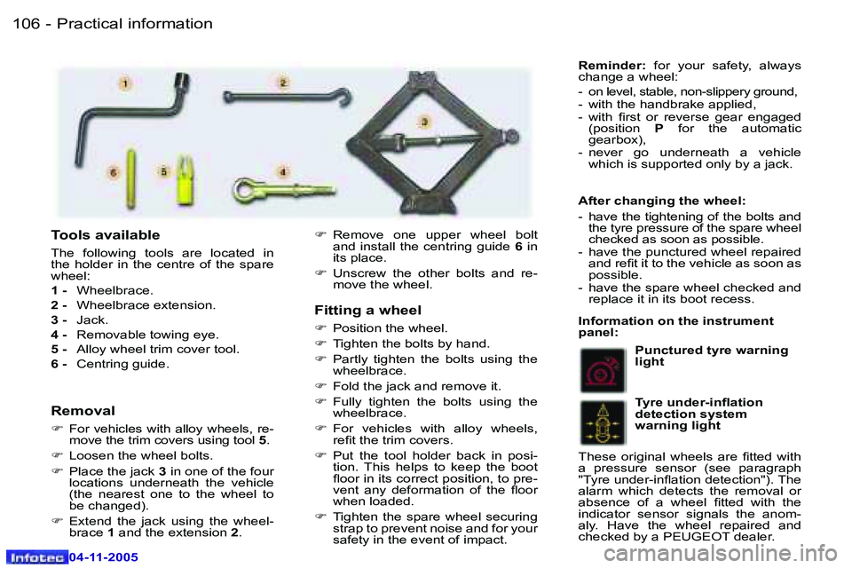 PEUGEOT 407 C DAG 2005  Owners Manual �P�r�a�c�t�i�c�a�l� �i�n�f�o�r�m�a�t�i�o�n�1�0�6 �-
�0�4�-�1�1�-�2�0�0�5
�1�0�7�P�r�a�c�t�i�c�a�l� �i�n�f�o�r�m�a�t�i�o�n�-
�0�4�-�1�1�-�2�0�0�5
�F�i�t�t�i�n�g� �a� �w�h�e�e�l
�F�  �P�o�s�i�t�i�o�n� �