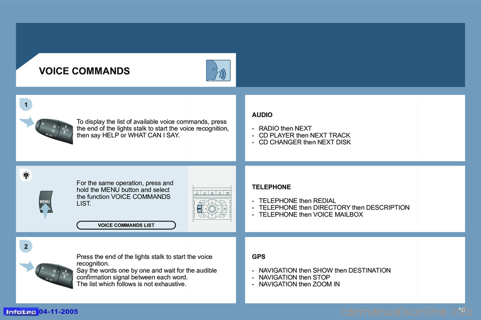 PEUGEOT 407 C DAG 2005  Owners Manual �1�6
�2
�1
�0�4�-�1�1�-�2�0�0�5�0�4�-�1�1�-�2�0�0�5
�P�r�e�s�s� �t�h�e� �e�n�d� �o�f� �t�h�e� �l�i�g�h�t�s� �s�t�a�l�k� �t�o� �s�t�a�r�t� �t�h�e� �v�o�i�c
�e� 
�r�e�c�o�g�n�i�t�i�o�n�. 
�S�a�y� �t�h�e