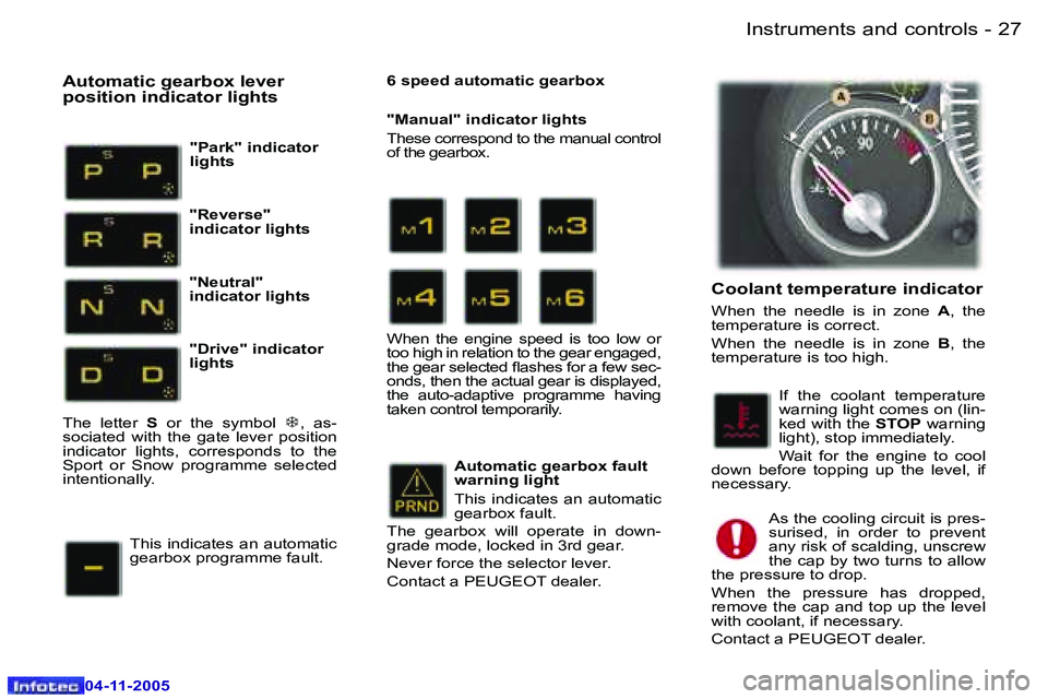 PEUGEOT 407 C DAG 2005  Owners Manual �I�n�s�t�r�u�m�e�n�t�s� �a�n�d� �c�o�n�t�r�o�l�s�2�6 �-
�0�4�-�1�1�-�2�0�0�5
�2�7�I�n�s�t�r�u�m�e�n�t�s� �a�n�d� �c�o�n�t�r�o�l�s�-
�0�4�-�1�1�-�2�0�0�5
�C�o�o�l�a�n�t� �t�e�m�p�e�r�a�t�u�r�e� �i�n�d�