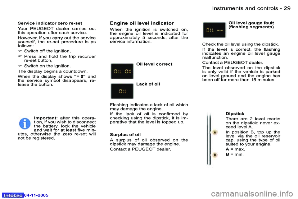 PEUGEOT 407 C DAG 2005  Owners Manual �I�n�s�t�r�u�m�e�n�t�s� �a�n�d� �c�o�n�t�r�o�l�s�2�8 �-
�0�4�-�1�1�-�2�0�0�5
�2�9�I�n�s�t�r�u�m�e�n�t�s� �a�n�d� �c�o�n�t�r�o�l�s�-
�0�4�-�1�1�-�2�0�0�5
�S�e�r�v�i�c�e� �i�n�d�i�c�a�t�o�r� �z�e�r�o� �