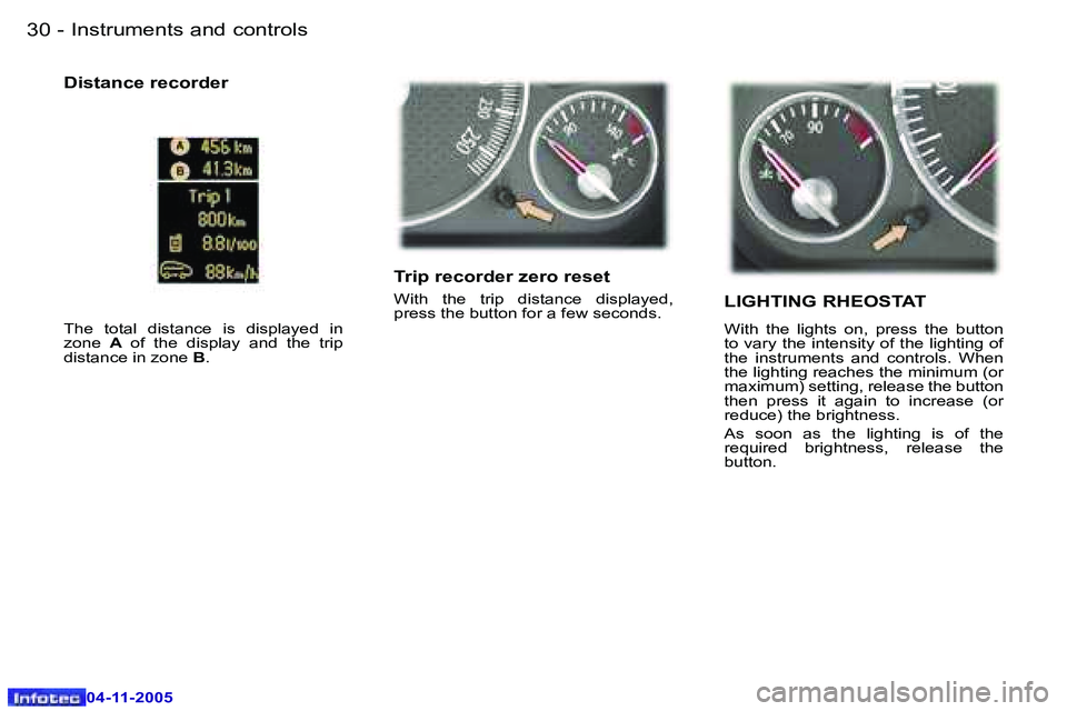 PEUGEOT 407 C DAG 2005  Owners Manual �I�n�s�t�r�u�m�e�n�t�s� �a�n�d� �c�o�n�t�r�o�l�s�3�0 �-
�0�4�-�1�1�-�2�0�0�5
�3�1�I�n�s�t�r�u�m�e�n�t�s� �a�n�d� �c�o�n�t�r�o�l�s�-
�0�4�-�1�1�-�2�0�0�5
�T�r�i�p� �r�e�c�o�r�d�e�r� �z�e�r�o� �r�e�s�e�