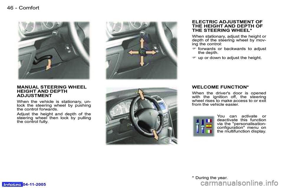 PEUGEOT 407 C DAG 2005  Owners Manual �4�6 �-
�0�4�-�1�1�-�2�0�0�5
�4�7
�-
�0�4�-�1�1�-�2�0�0�5
�E�L�E�C�T�R�I�C� �A�D�J�U�S�T�M�E�N�T� �O�F�  
�T�H�E� �H�E�I�G�H�T� �A�N�D� �D�E�P�T�H� �O�F� 
�T�H�E� �S�T�E�E�R�I�N�G� �W�H�E�E�L�*
�W�h�e