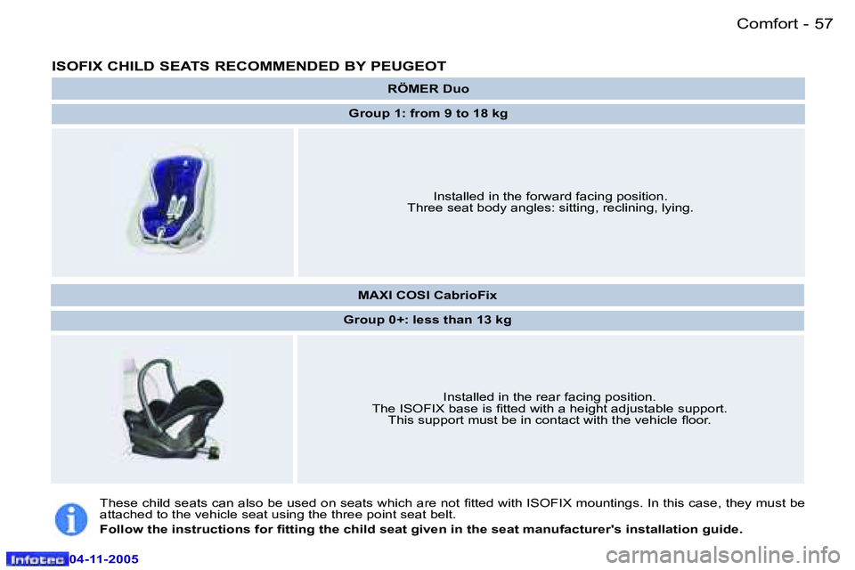 PEUGEOT 407 C DAG 2005  Owners Manual �5�6 �-
�0�4�-�1�1�-�2�0�0�5
�5�7
�-
�0�4�-�1�1�-�2�0�0�5
�I�S�O�F�I�X� �C�H�I�L�D� �S�E�A�T�S� �R�E�C�O�M�M�E�N�D�E�D� �B�Y� �P�E�U�G�E�O�T
�R�Ö�M�E�R� �D�u�o
�G�r�o�u�p� �1�:� �f�r�o�m� �9� �t�o� �