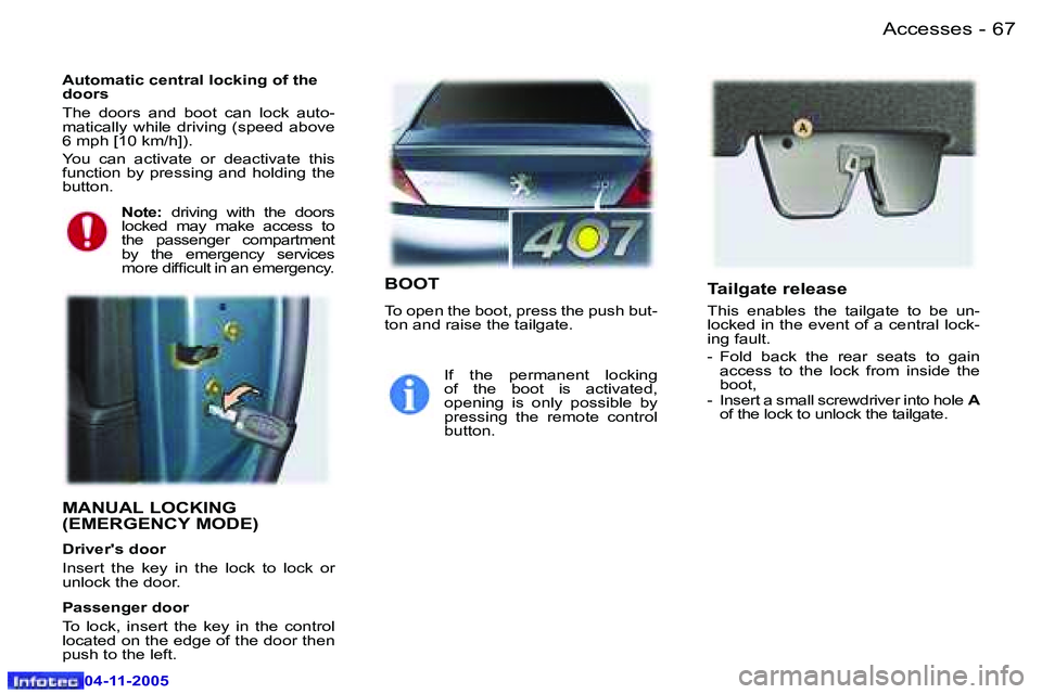 PEUGEOT 407 C DAG 2005  Owners Manual �6�6 �-
�0�4�-�1�1�-�2�0�0�5
�6�7
�-
�0�4�-�1�1�-�2�0�0�5
�M�A�N�U�A�L� �L�O�C�K�I�N�G�  
�(�E�M�E�R�G�E�N�C�Y� �M�O�D�E�)
�D�r�i�v�e�r�'�s� �d�o�o�r 
�I�n�s�e�r�t�  �t�h�e�  �k�e�y�  �i�n�  �t�h�