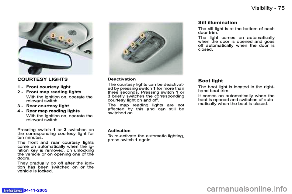PEUGEOT 407 C DAG 2005  Owners Manual �7�4 �-
�0�4�-�1�1�-�2�0�0�5
�7�5
�-
�0�4�-�1�1�-�2�0�0�5
�C�O�U�R�T�E�S�Y� �L�I�G�H�T�S
�1� �-�  �F�r�o�n�t� �c�o�u�r�t�e�s�y� �l�i�g�h�t 
�2� �-�  �F�r�o�n�t� �m�a�p� �r�e�a�d�i�n�g� �l�i�g�h�t�s
� 