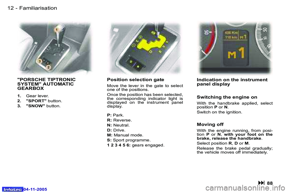 PEUGEOT 407 C DAG 2005  Owners Manual �1�2 �-
�0�4�-�1�1�-�2�0�0�5
�1�3
�-
�0�4�-�1�1�-�2�0�0�5
�"�P�O�R�S�C�H�E� �T�I�P�T�R�O�N�I�C�  
�S�Y�S�T�E�M�"� �A�U�T�O�M�A�T�I�C� 
�G�E�A�R�B�O�X
�1�. �  �G�e�a�r� �l�e�v�e�r�.
�2�. �  �&#