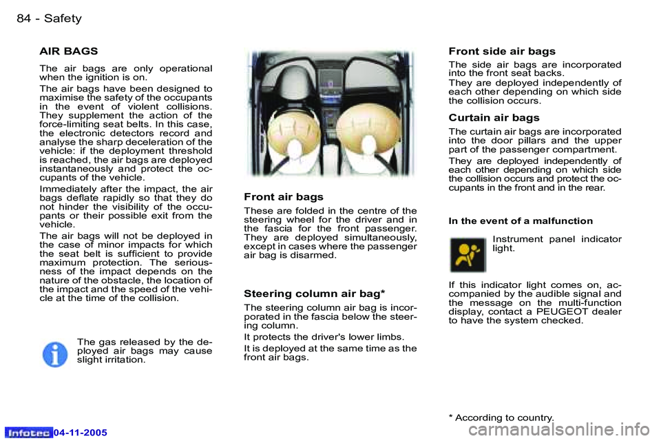 PEUGEOT 407 C DAG 2005  Owners Manual �8�4 �-
�0�4�-�1�1�-�2�0�0�5
�8�5
�-
�0�4�-�1�1�-�2�0�0�5
�A�I�R� �B�A�G�S
�T�h�e�  �a�i�r�  �b�a�g�s�  �a�r�e�  �o�n�l�y�  �o�p�e�r�a�t�i�o�n�a�l�  
�w�h�e�n� �t�h�e� �i�g�n�i�t�i�o�n� �i�s� �o�n�. 

