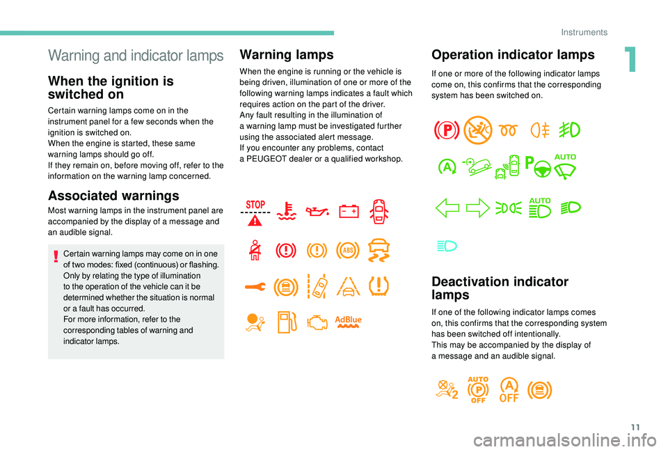 PEUGEOT 5008 2018  Owners Manual 11
Operation indicator lamps
If one or more of the following indicator lamps 
come on, this confirms that the corresponding 
system has been switched on.
Deactivation indicator 
lamps
If one of the fo