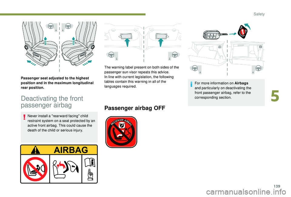 PEUGEOT 5008 2018  Owners Manual 139
Passenger seat adjusted to the highest 
position and in the maximum longitudinal 
rear position.
Deactivating the front 
passenger airbag
Never install a "rear ward facing" child 
r estrai