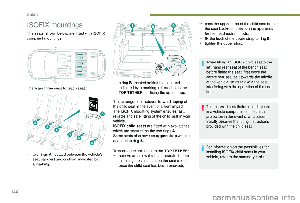 PEUGEOT 5008 2018  Owners Manual 146
ISOFIX mountings
The seats, shown below, are fitted with ISOFIX 
compliant mountings:
There are three rings for each seat:This arrangement reduces forward tipping of 
the child seat in the event o