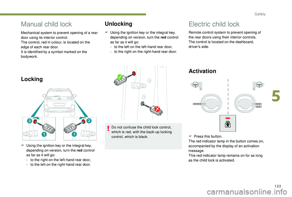 PEUGEOT 5008 2018  Owners Manual 153
Manual child lock
Mechanical system to prevent opening of a rear 
d oor using its interior control.
The control, red in colour, is located on the 
edge of each rear door.
It is identified by a
  s
