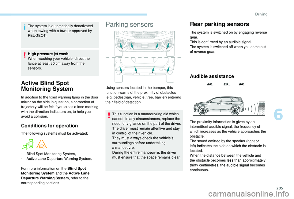 PEUGEOT 5008 2018  Owners Manual 205
Active Blind Spot 
Monitoring System
In addition to the fixed warning lamp in the door 
mirror on the side in question, a correction of 
trajectory will be felt if you cross a  lane marking 
with 
