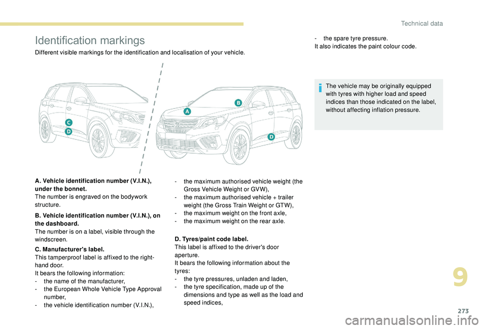 PEUGEOT 5008 2018  Owners Manual 273
Identification markings
Different visible markings for the identification and localisation of your vehicle.
A. Vehicle identification number (V.I.N.), 
under the bonnet.
The number is engraved on 
