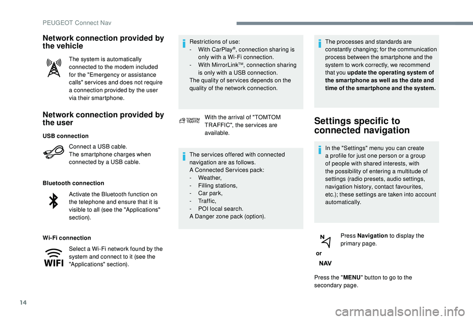 PEUGEOT 5008 2018  Owners Manual 14
Network connection provided by 
the user
Connect a USB cable.
T he smartphone charges when 
connected by a
  USB cable.
Bluetooth connection
Wi-Fi connection Restrictions of use:
-
 W

ith CarPlay
