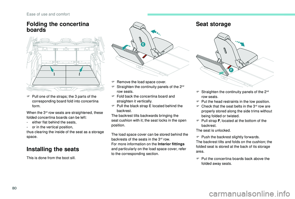 PEUGEOT 5008 2018  Owners Manual 80
Folding the concertina 
boards
When the 3rd row seats are straightened, these 
folded concertina boards can be left:
-
 ei

ther flat behind the seats,
-
 
o

r in the vertical position,
thus clear