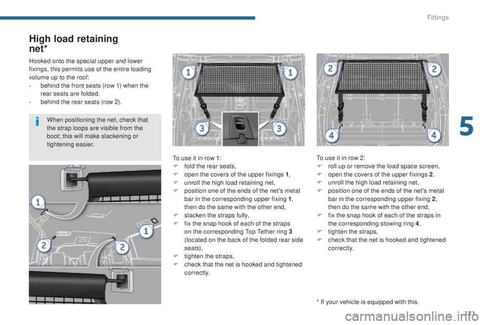 PEUGEOT 5008 2016  Owners Manual 111
5008_en_Chap05_amenagements_ed01-2015
High load retaining  
net*
To use it in row 1:
F
 f old the rear seats,
F
 
o
 pen the covers of the upper fixings 1 ,
F
 
u
 nroll the high load retaining ne