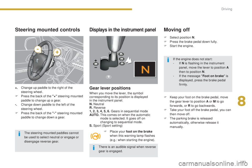PEUGEOT 5008 2016  Owners Manual 171
5008_en_Chap08_conduite_ed01-2015
Steering mounted controls
+. Change up paddle to the right of the steering wheel.
F
 
P
 ress the back of the "+"  steering mounted 
paddle to change up a