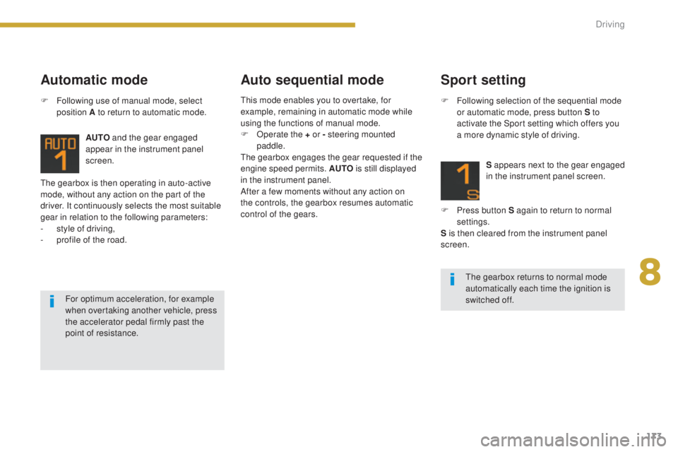 PEUGEOT 5008 2016  Owners Manual 173
5008_en_Chap08_conduite_ed01-2015
The gearbox is then operating in auto-active 
mode, without any action on the part of the 
driver. It continuously selects the most suitable 
gear in relation to 