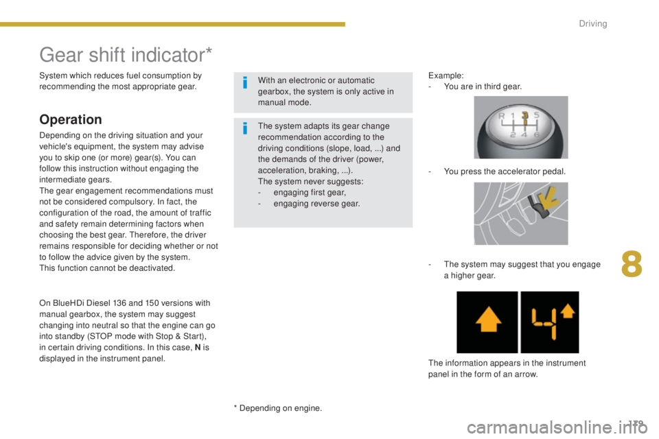 PEUGEOT 5008 2016  Owners Manual 179
5008_en_Chap08_conduite_ed01-2015
Gear shift indicator*
Operation
Depending on the driving situation and your 
vehicle's equipment, the system may advise 
you to skip one (or more) gear(s). Yo