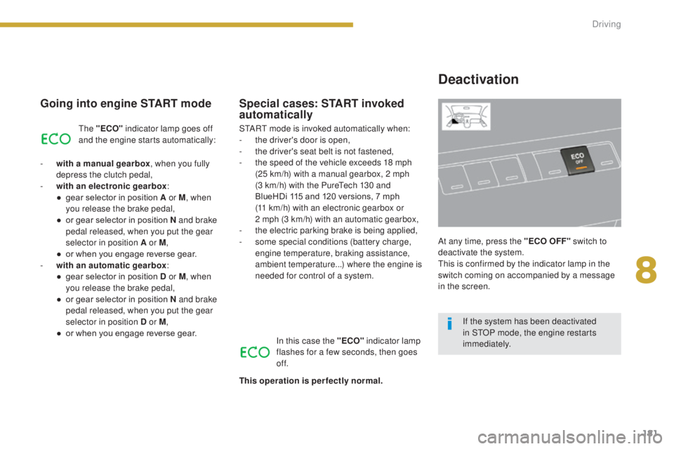 PEUGEOT 5008 2016  Owners Manual 181
5008_en_Chap08_conduite_ed01-2015
Going into engine START mode
The "ECO" indicator lamp goes off 
and the engine starts automatically:
-
 
w

ith a manual gearbox , when you fully 
depress