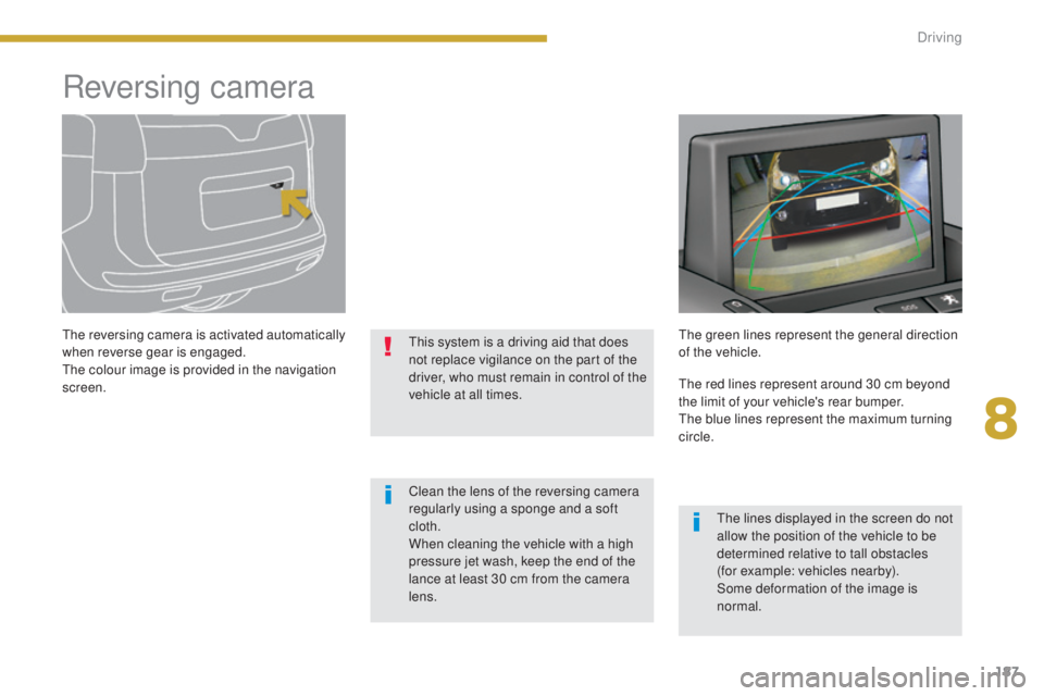 PEUGEOT 5008 2016  Owners Manual 187
5008_en_Chap08_conduite_ed01-2015
Reversing camera
The reversing camera is activated automatically 
when reverse gear is engaged.
The colour image is provided in the navigation 
screen.This system