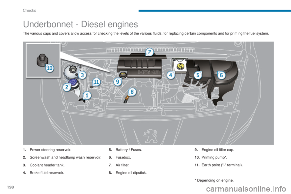 PEUGEOT 5008 2016  Owners Manual 198
5008_en_Chap09_verifications_ed01-2015
Underbonnet - Diesel engines
The various caps and covers allow access for checking the levels of the various fluids, for replacing certain components and for