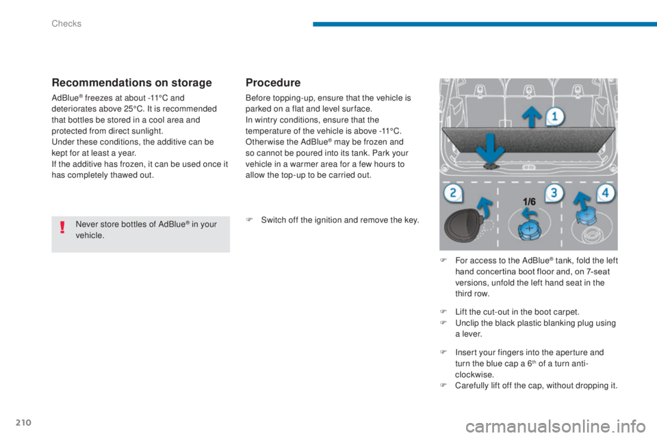 PEUGEOT 5008 2016  Owners Manual 210
5008_en_Chap09_verifications_ed01-2015
Never store bottles of AdBlue® in your 
vehicle.
Recommendations on storage
AdBlue® freezes at about -11°C and 
deteriorates above 25°C. It is recommende