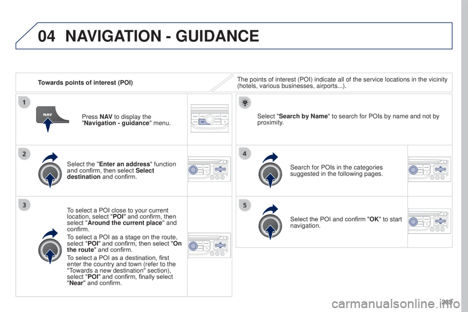 PEUGEOT 5008 2016  Owners Manual 04
283
5008_en_Chap12b_RT6-2-8_ed01-2015
Towards points of interest (POI)The points of interest (POI) indicate all of the service locations in \
the vicinity 
(hotels, various businesses, airports...)