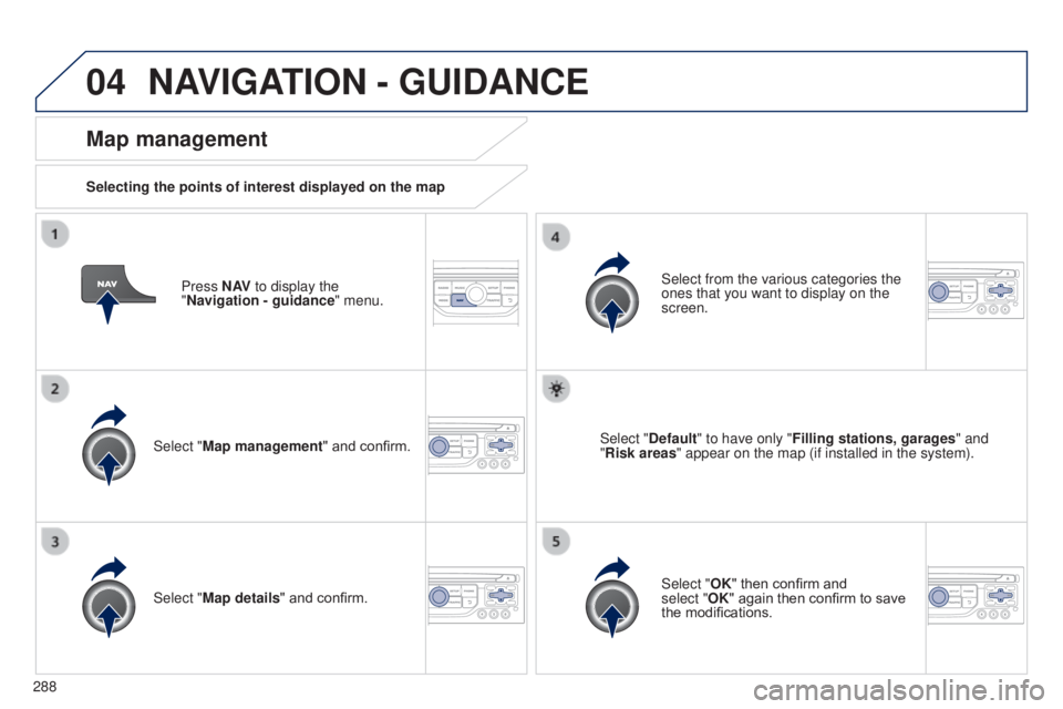 PEUGEOT 5008 2016  Owners Manual 04
288
5008_en_Chap12b_RT6-2-8_ed01-2015
Press N AV to display the 
"Navigation - guidance " menu.
Map management
Selecting the points of interest displayed on the map
Select "Map manageme