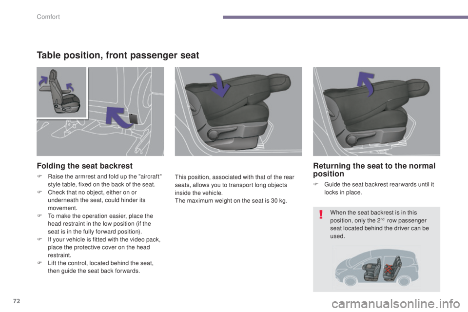 PEUGEOT 5008 2016  Owners Manual 72
5008_en_Chap03_confort_ed01-2015
Table position, front passenger seat
This position, associated with that of the rear 
seats, allows you to transport long objects 
inside the vehicle.
The maximum w