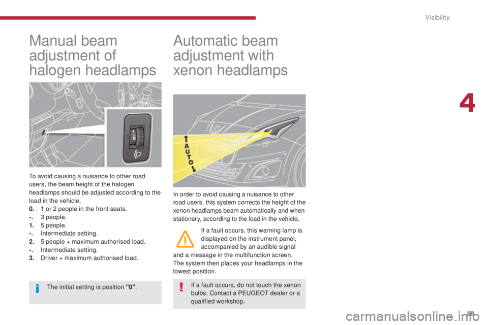 PEUGEOT 5008 2016  Owners Manual 89
5008_en_Chap04_visibilite_ed01-2015
Manual beam 
adjustment of 
halogen headlamps
To avoid causing a nuisance to other road 
users, the beam height of the halogen 
headlamps should be adjusted acco