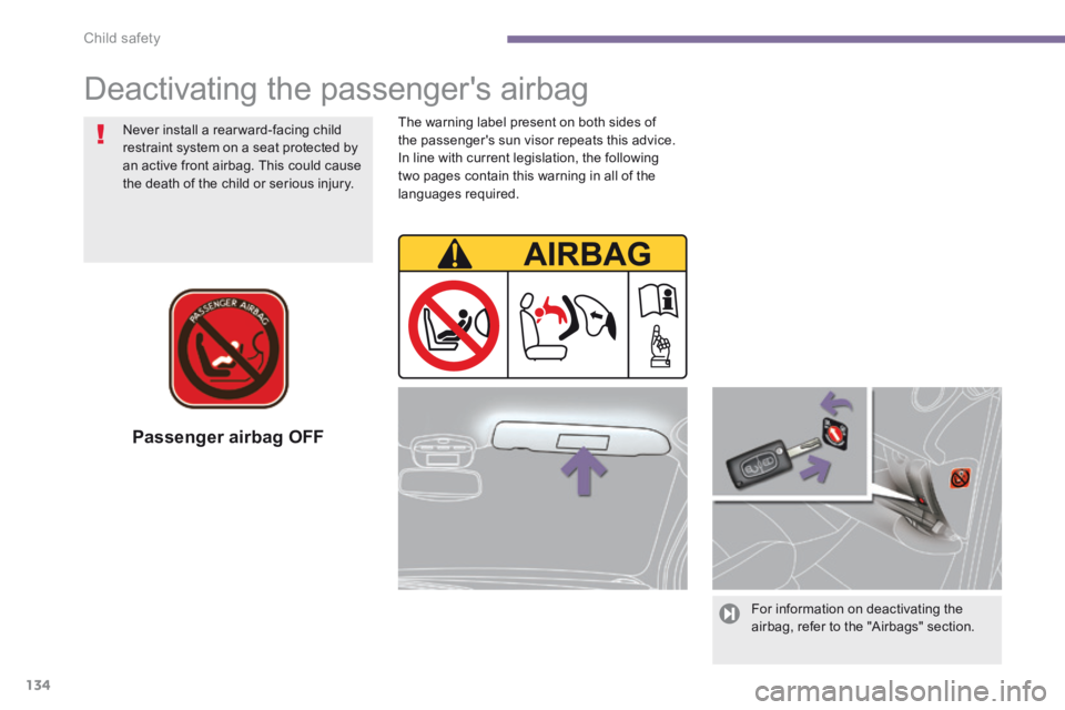 PEUGEOT 5008 2014  Owners Manual Child safety
134
  Passenger  airbag  OFF  
  For information on deactivating the airbag, refer to the "Airbags" section.   
 Deactivating the passengers airbag  
  Never install a rear ward-facing c