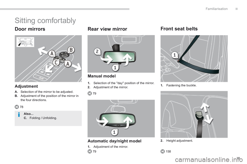 PEUGEOT 5008 2014  Owners Manual .
78
79
79158
Familiarisation13
 Sitting  comfortably 
  Door  mirrors 
  Adjustment 
A.   Selection of the mirror to be adjusted. B.   Adjustment of the position of the mirror in the four directions.