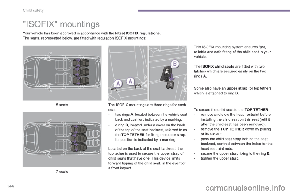 PEUGEOT 5008 2014 Owners Manual Child safety
144
"ISOFIX" mountings
The ISOFIX mountings are three rings for each seat: - two rings A , located between the vehicle seat back and cushion, indicated by a marki PEUGEOT 5008 2014 Owners Manual Child safety
144
"ISOFIX" mountings
The ISOFIX mountings are three rings for each seat: - two rings A , located between the vehicle seat back and cushion, indicated by a marki