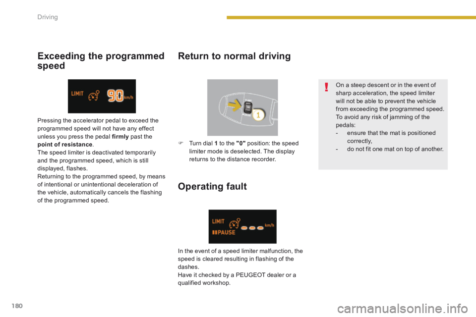 PEUGEOT 5008 2014 Owners Manual Driving
180
Exceeding the programmed
speed
Return to normal driving
Operating fault
On a steep descent or in the event of sharp acceleration, the speed limiter will not be able to preve PEUGEOT 5008 2014 Owners Manual Driving
180
Exceeding the programmed
speed
Return to normal driving
Operating fault
On a steep descent or in the event of sharp acceleration, the speed limiter will not be able to preve