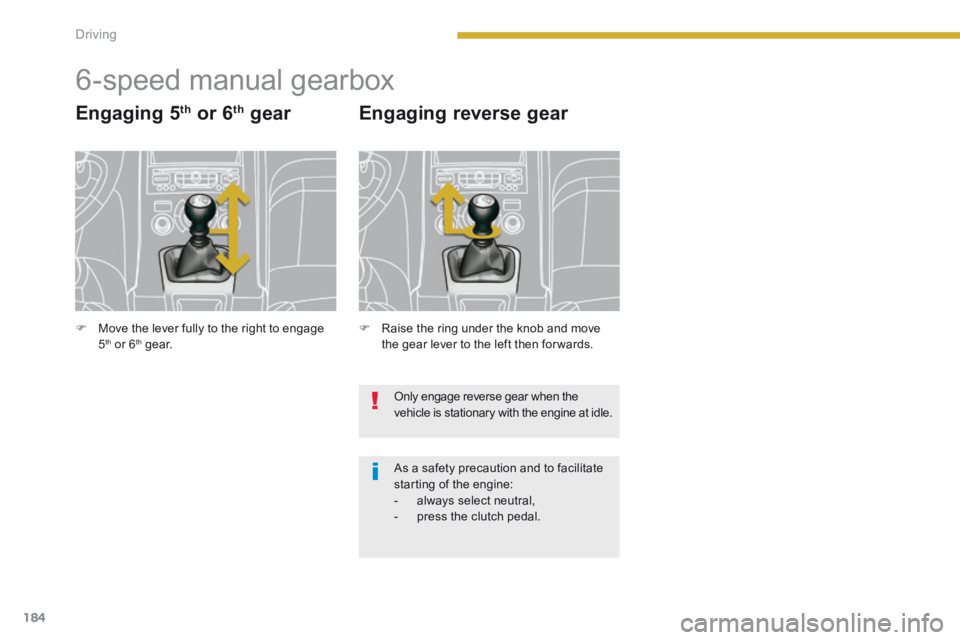 PEUGEOT 5008 2014  Owners Manual Driving
184
         6-speed manual gearbox 
  Engaging  5 th  or 6 th   gear 
   Raise the ring under the knob and move the gear lever to the left then for wards.  
  Engaging  reverse  gear 
 Onl