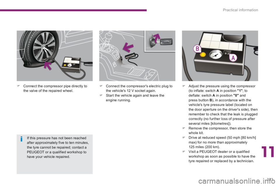 PEUGEOT 5008 2014 Owners Manual 11
Practical information221
Connect the compressor pipe directly to the valve of the repaired wheel.
If this pressure has not been reached after approximately five to ten minutes, the tyre PEUGEOT 5008 2014 Owners Manual 11
Practical information221
Connect the compressor pipe directly to the valve of the repaired wheel.
If this pressure has not been reached after approximately five to ten minutes, the tyre