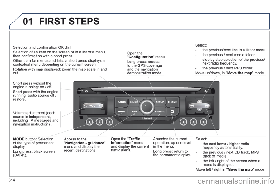 PEUGEOT 5008 2014 Owners Manual 314
01
Select:
- the next lower / higher radio frequency automatically.
- the previous / next CD track, MP3 track or media.
- the left / right of the screen when a menu is displayed. PEUGEOT 5008 2014 Owners Manual 314
01
Select:
- the next lower / higher radio frequency automatically.
- the previous / next CD track, MP3 track or media.
- the left / right of the screen when a menu is displayed.